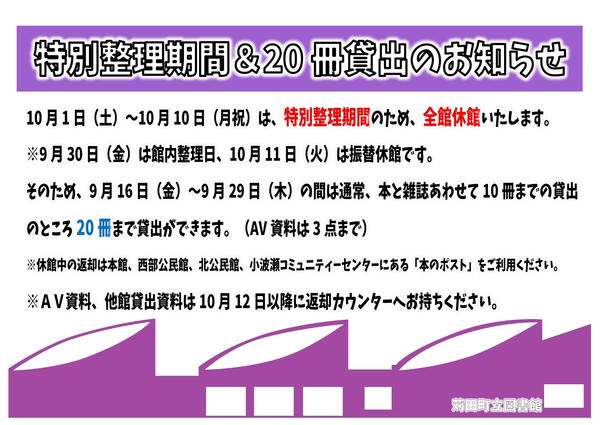 特別整理期間に伴う休館＆20冊貸出のお知らせ